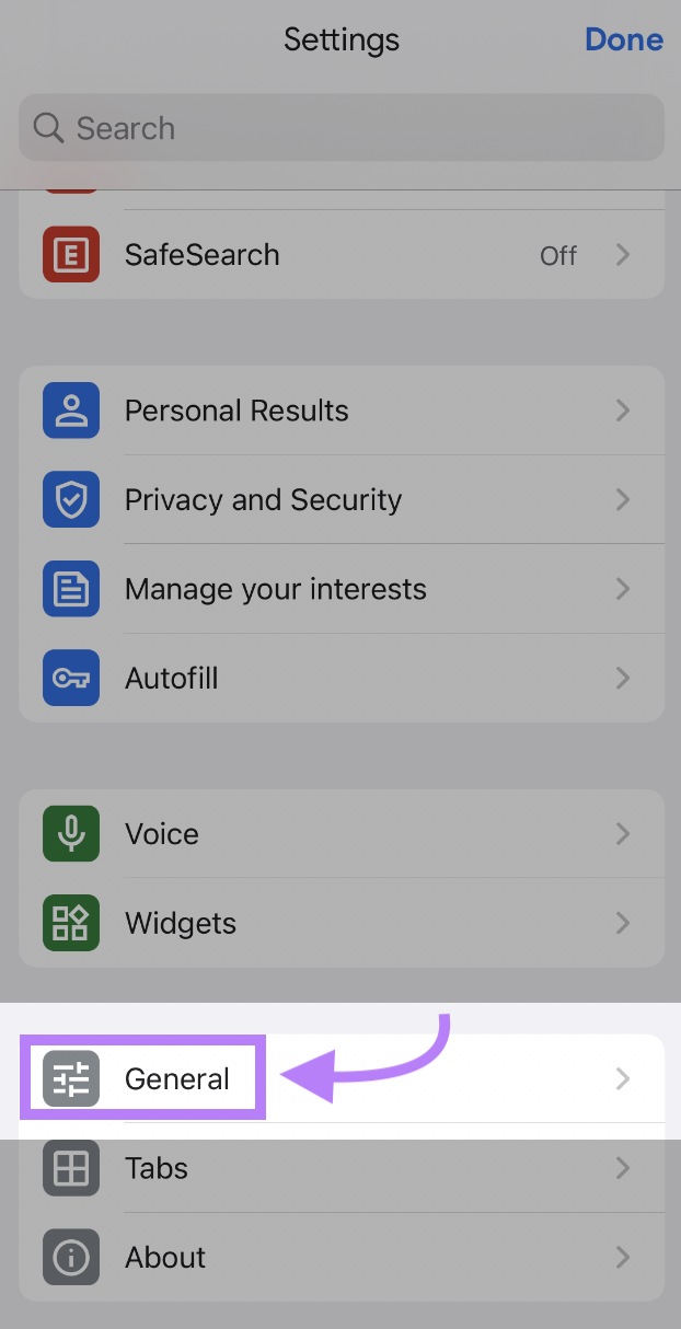 "General" settings for Apple iOS devices