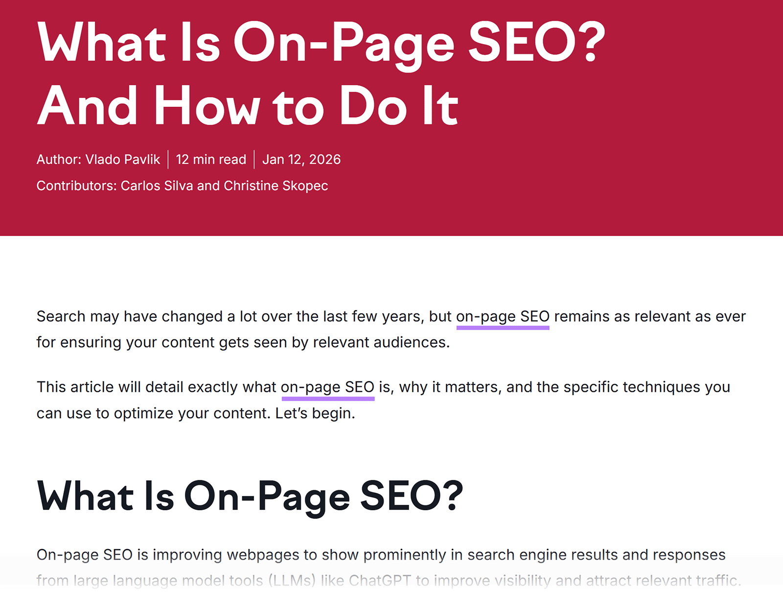 Semrush blog post header and introduction for “What Is On-Page SEO? And How to Do It,” with primary keyword highlighted twice in the introduction.
