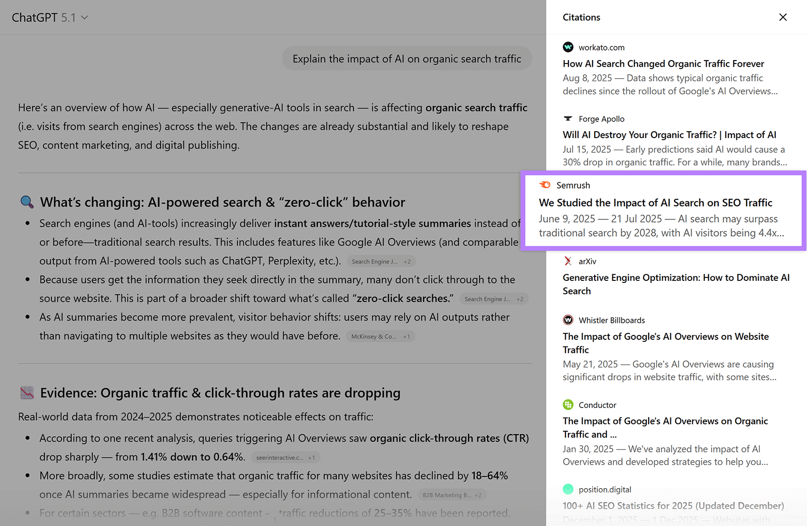Semrush study cited in ChatGPT's Citations sidebar highlighted.
