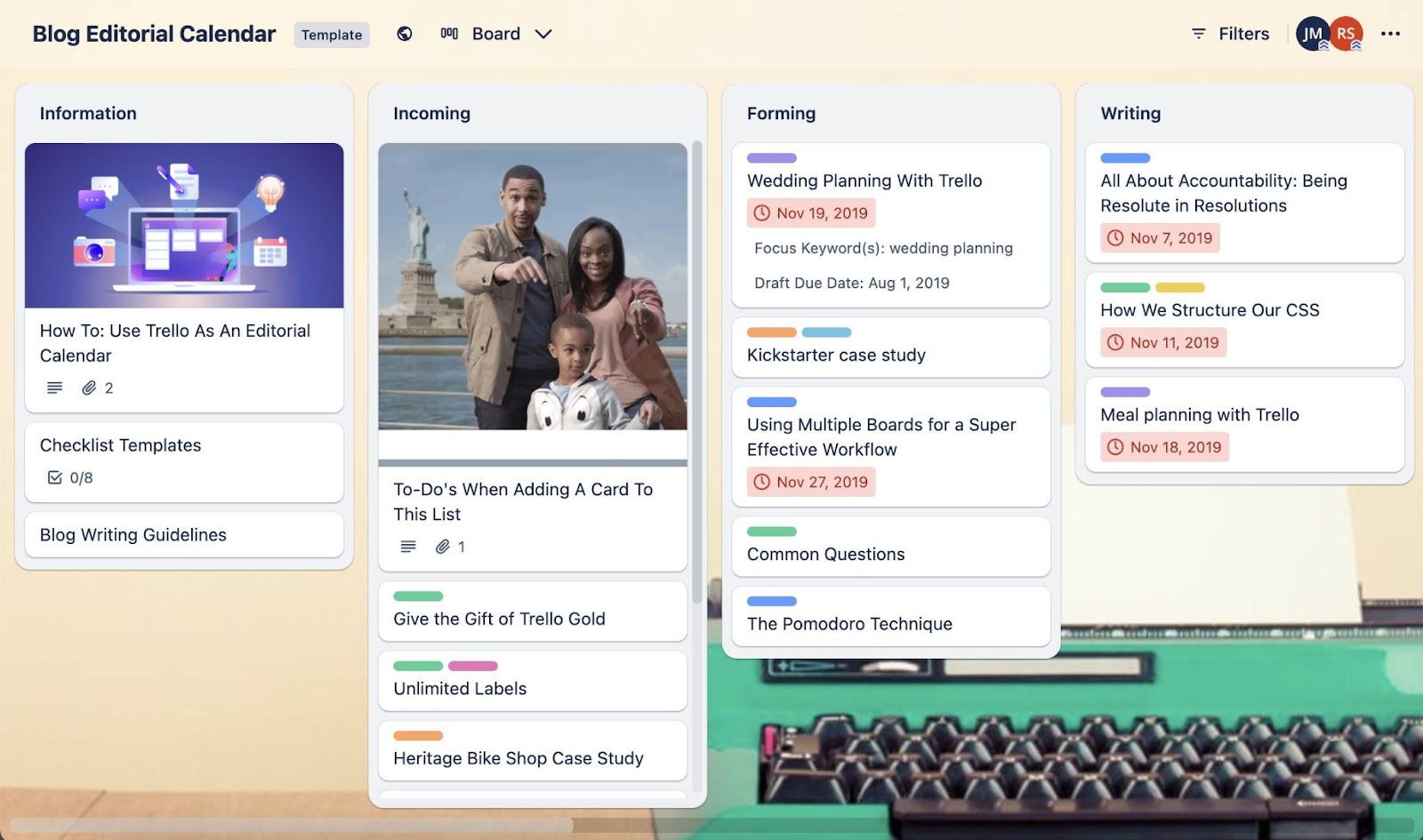 Trello demo blog editorial calendar with columns and cards for different parts of the content creation process.