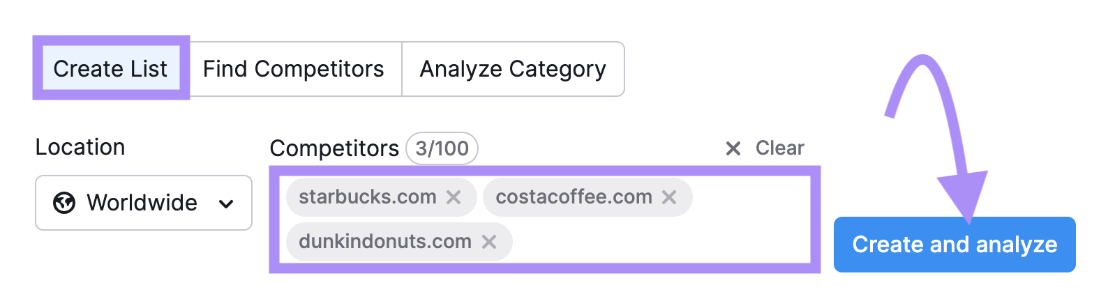 Starbucks, Costa Coffee and Dunkin Donuts entered under competitors' field in Market Explorer tool