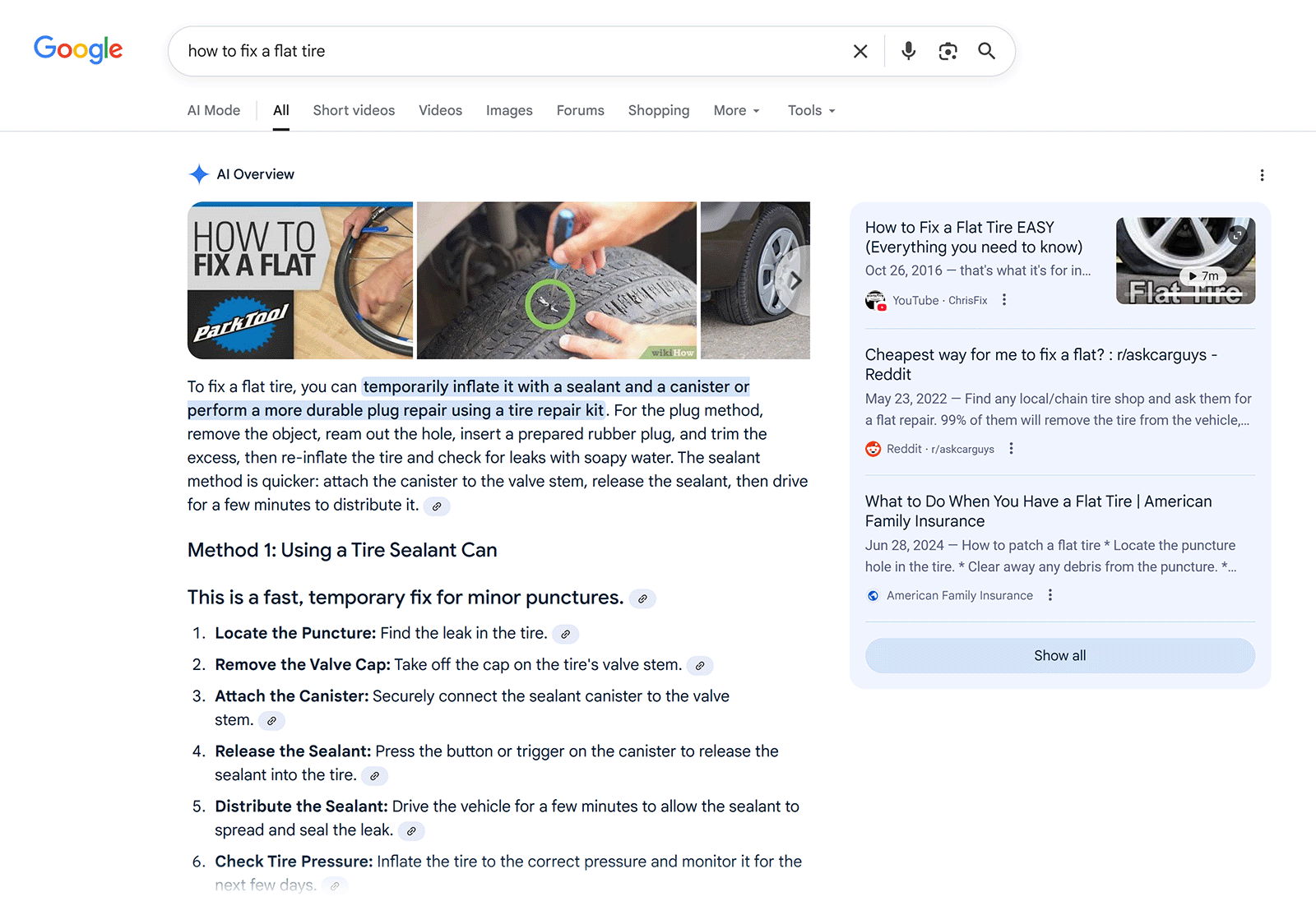 Google search for “how to fix a flat tire” showing AI overview with step list and highlighted repair instructions.