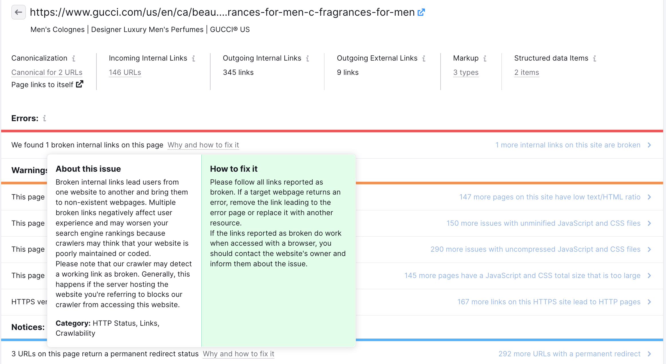 A pop-up with more information describing the issue and how to fix it.