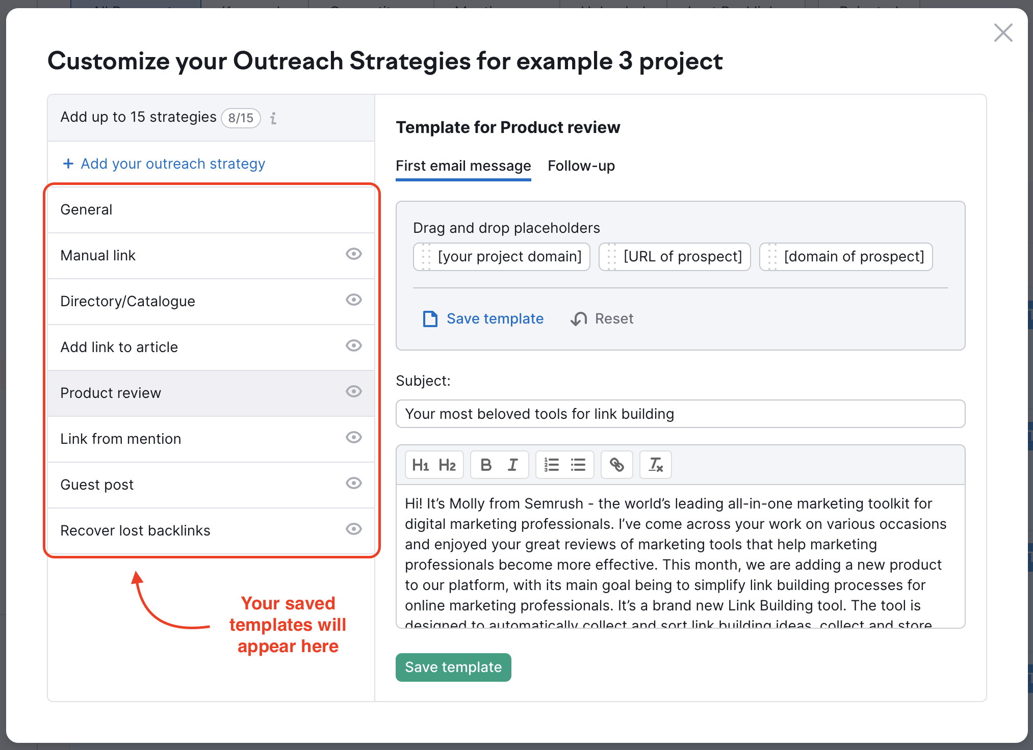 Link Building "Customize your outreach strategies" pop-up window: your saved templates are on the left.