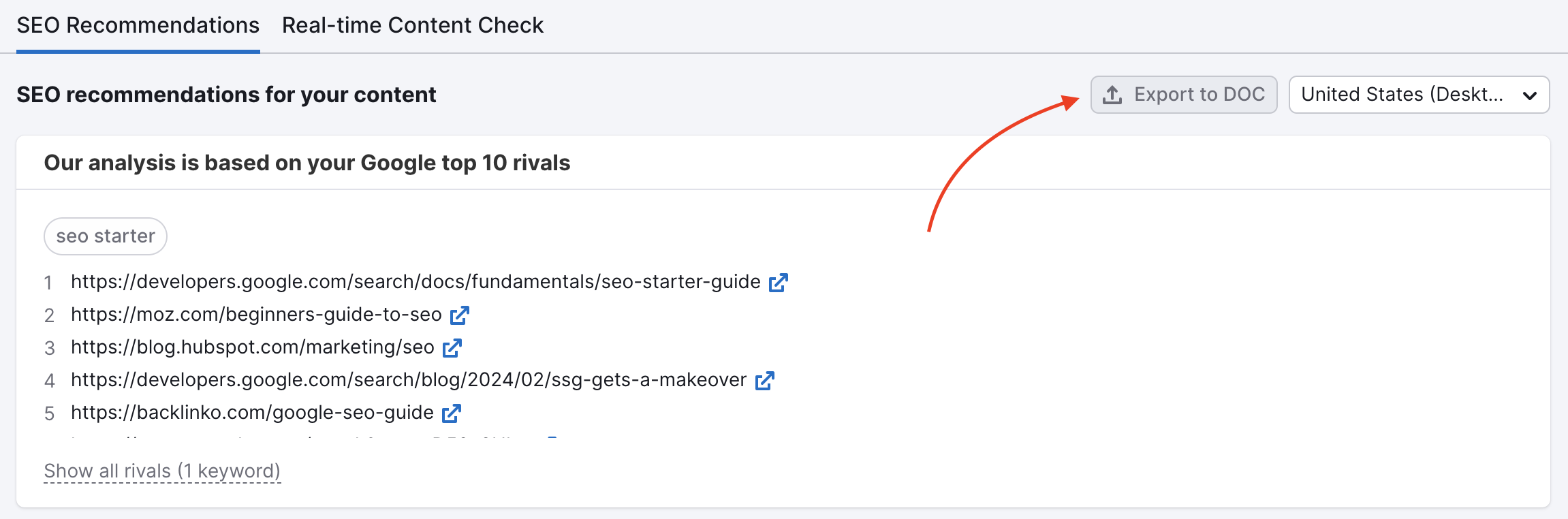A red arrow highlights the Export to DOC button.