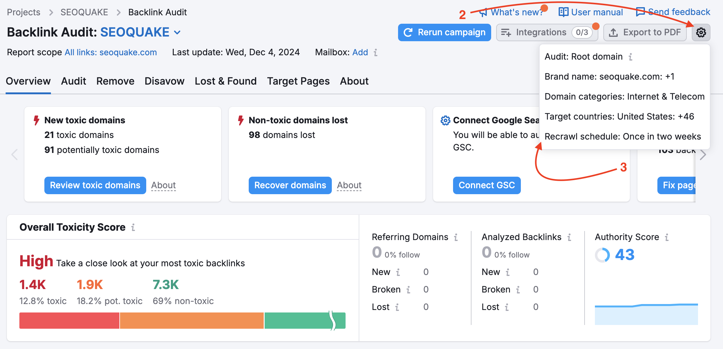 Red arrows are pointing to the settings button at the top-right and at the Recrawl schedule setting in the drop-down.