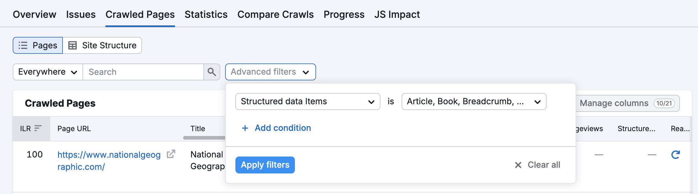 The Crawled pages report with the Structured data items selected in the Advanced filters drop-down.