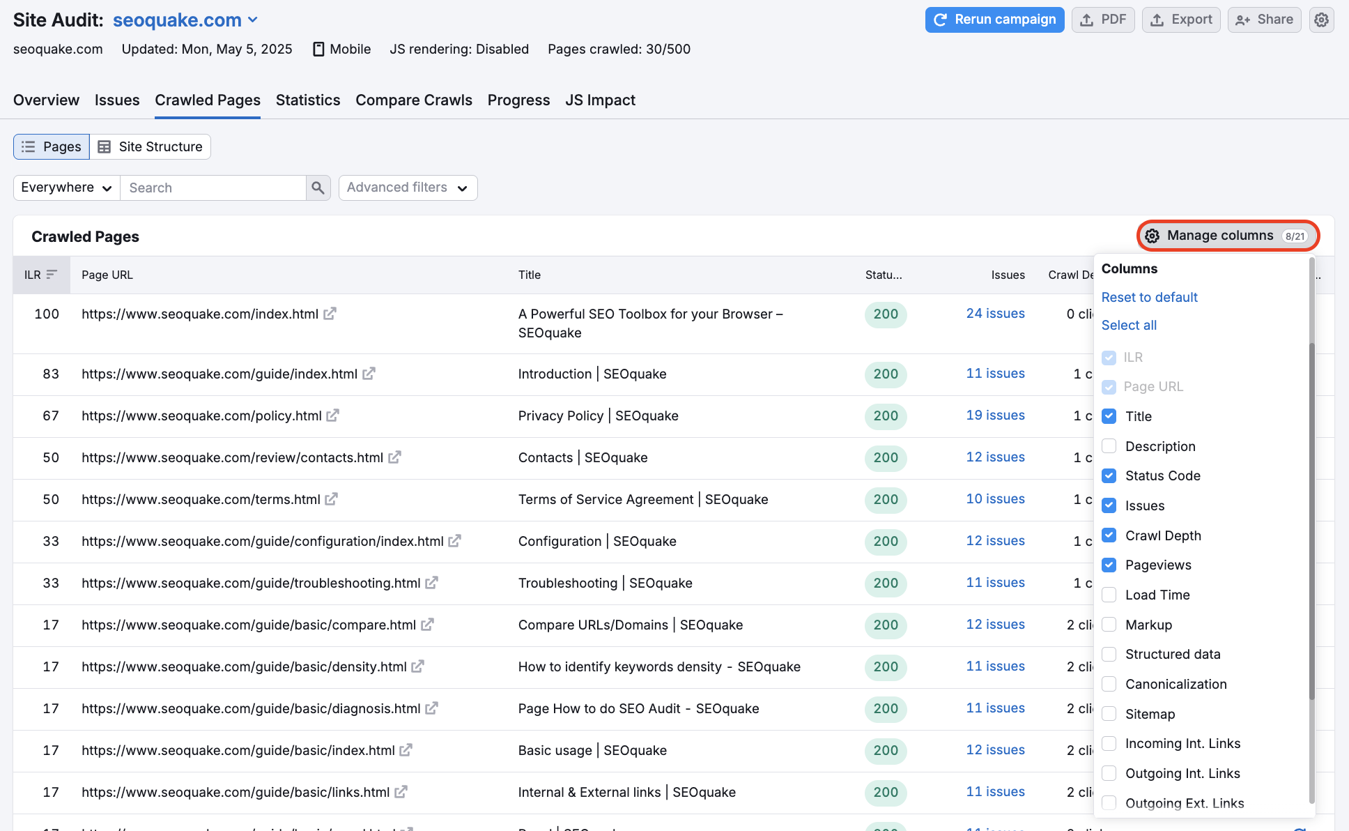 The Crawled Pages Report inside the Site Audit tool.