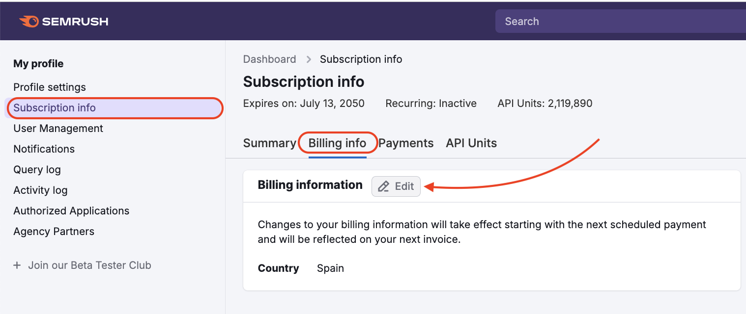 An example of the Subscription Info with Billing Info tab open.