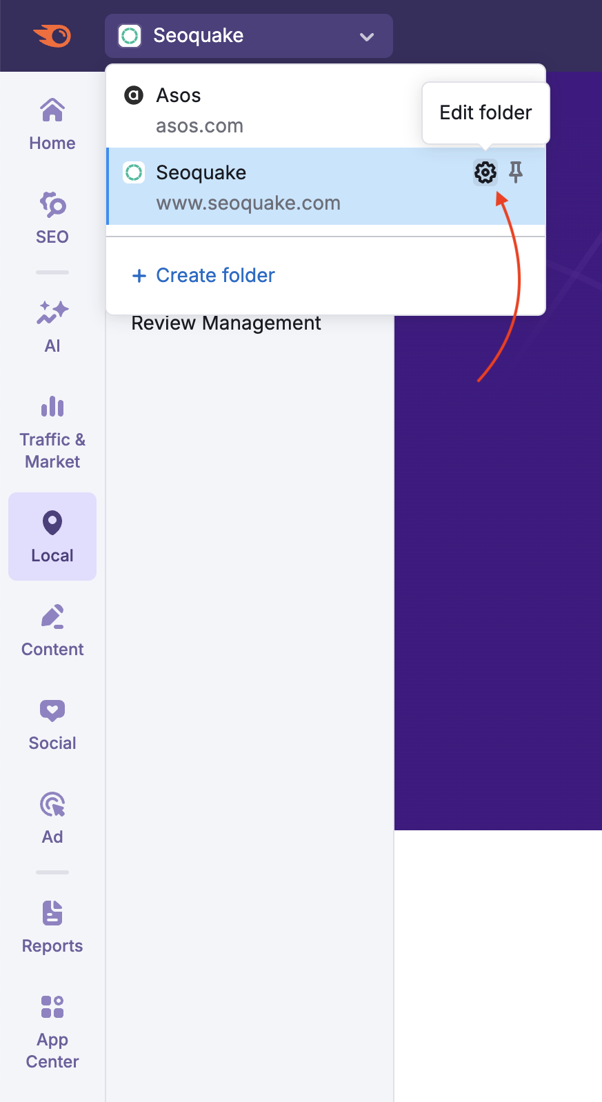 Folder dropdown list is open, with an arrow pointing to the gear icon for editing the folder.