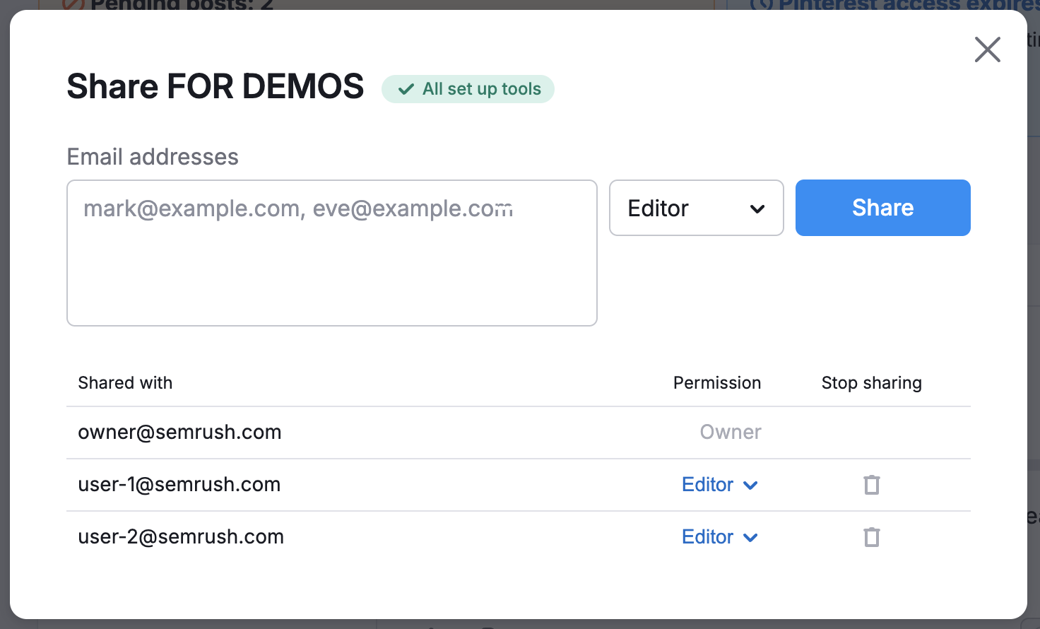 Sharing settings wizard open, showing options to add more users, stop sharing, or change permissions from viewer to editor.
