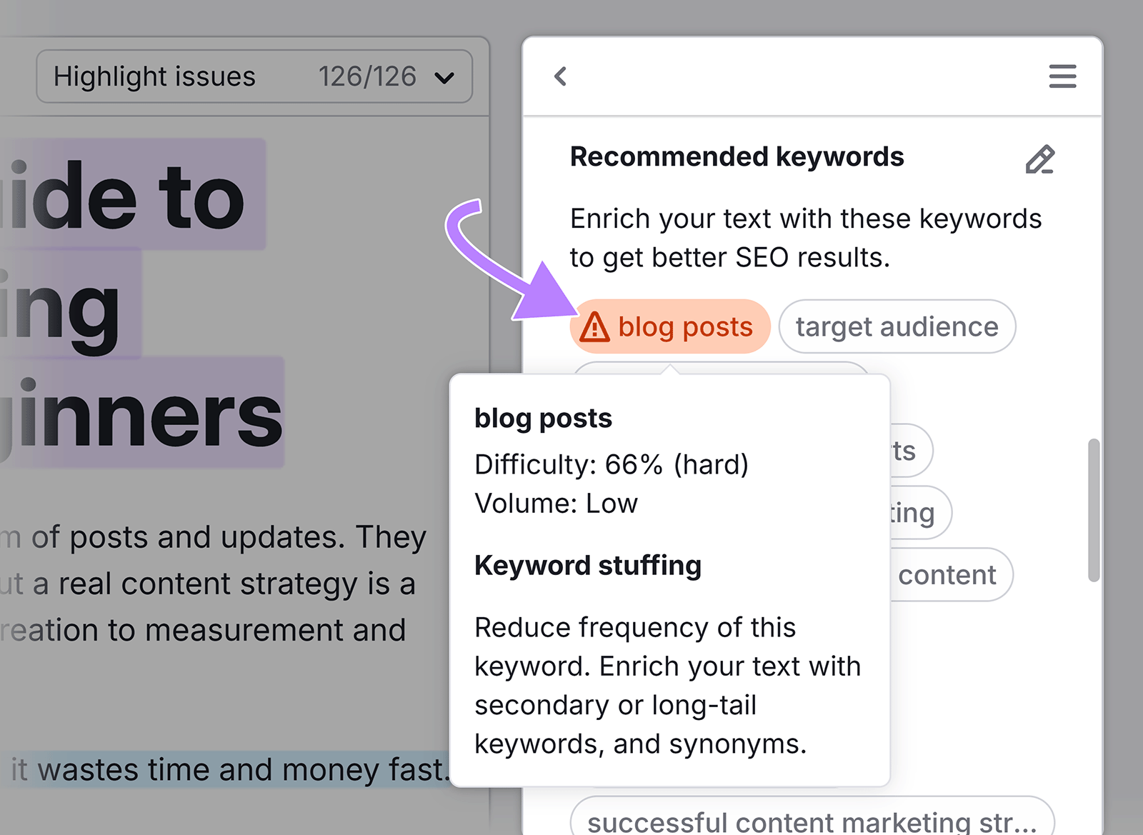 Keyword stuffing warning showing for 'blog posts' keyword under Recommended keywords section.