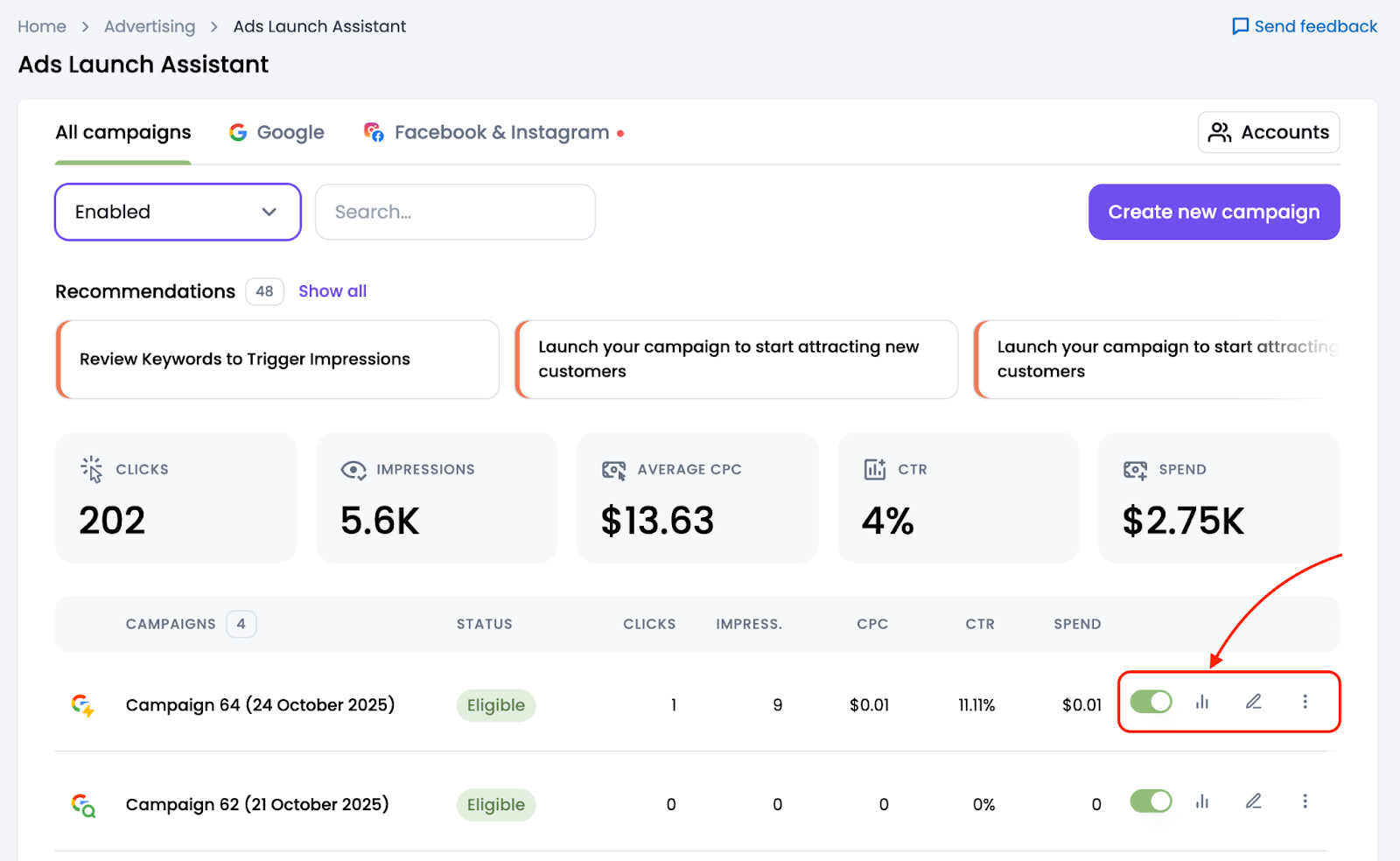 Options for managing your ad campaigns in Ads Launch Assistant.