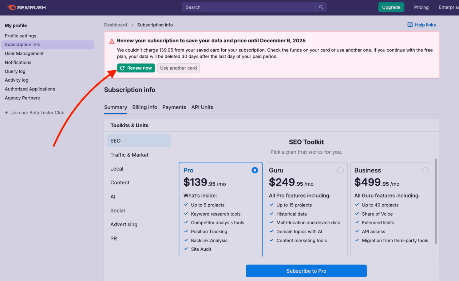 The Subscription Info tab is open with the renewal notice and an arrow pointing to the Renew now button.